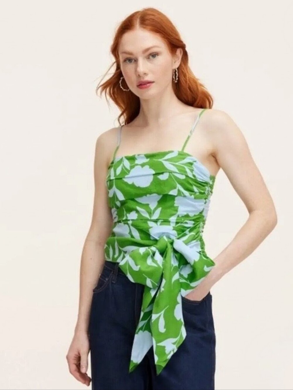 kate spade Classic Rose Ruched Linen Tank Top in Blue/Green Sz XL